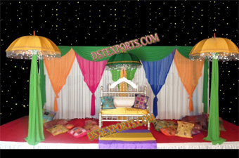 Colourful Mehndi Stage Set With Umbrellas